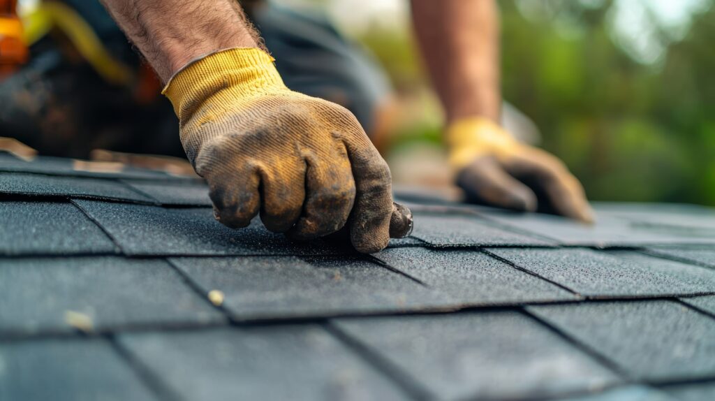 Close-up of worker's hands Repairing a roof.