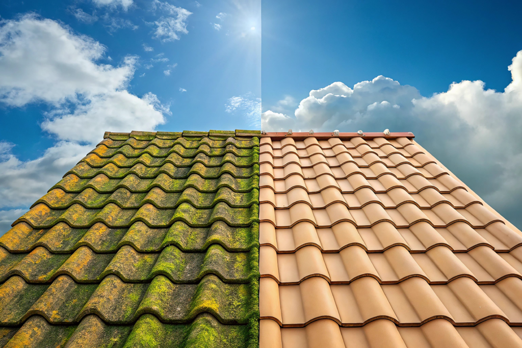 Algae damaged shingles vs new shingles, side-by-side.